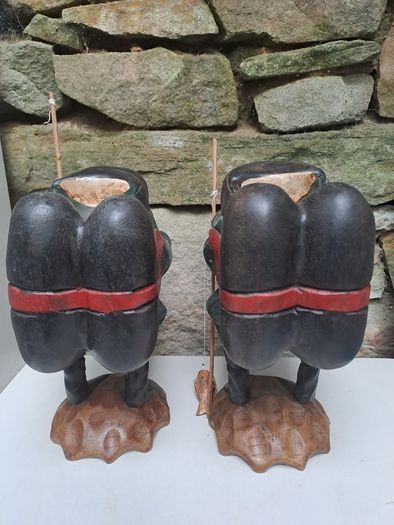 Pair of Hand Carved Wooden Fishing Frog Figures