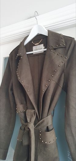 MADISON khaki midi length coat with stud detail open front with tie Sz L (12-16 UK) - Rrp 289 (New)
