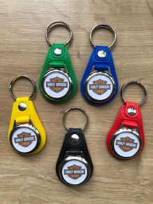 Synthetic leather Harley Davidson key ring with shopping trolley token/coin