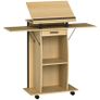 Rolling Podium Stand, Lectern with Folding Side Wings, Laptop Table with Drawer and Shelves, Oak Finish Image 4