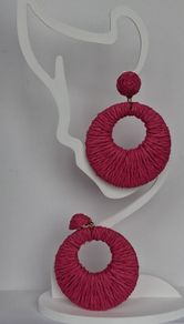 Hot Pink Raffia Woven Stud Hollow Out Woven Hoop Earrings