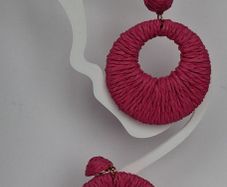 Hot Pink Raffia Woven Stud Hollow Out Woven Hoop Earrings