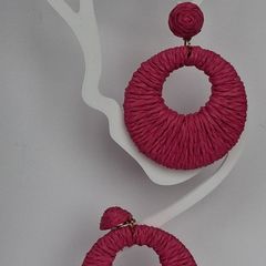 Hot Pink Raffia Woven Stud Hollow Out Woven Hoop Earrings