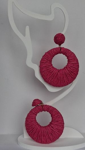 Hot Pink Raffia Woven Stud Hollow Out Woven Hoop Earrings