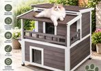 Outdoor Cat House Weatherproof 2 Storey Wooden Feral Cat Shelter with Balcony