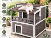 Outdoor Cat House Weatherproof 2 Storey Wooden Feral Cat Shelter with Balcony