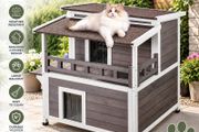 Outdoor Cat House Weatherproof 2 Storey Wooden Feral Cat Shelter with Balcony