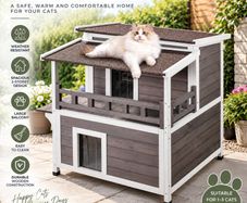 Outdoor Cat House Weatherproof 2 Storey Wooden Feral Cat Shelter with Balcony
