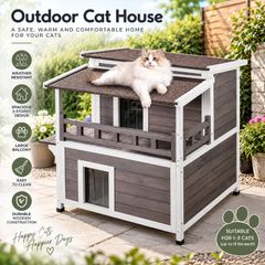 Outdoor Cat House Weatherproof 2 Storey Wooden Feral Cat Shelter with Balcony