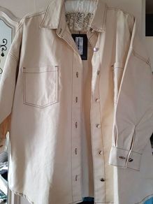 Pretty Little Things Stone PU Contrast Stitch Denim Shacket UK 8 New, AV