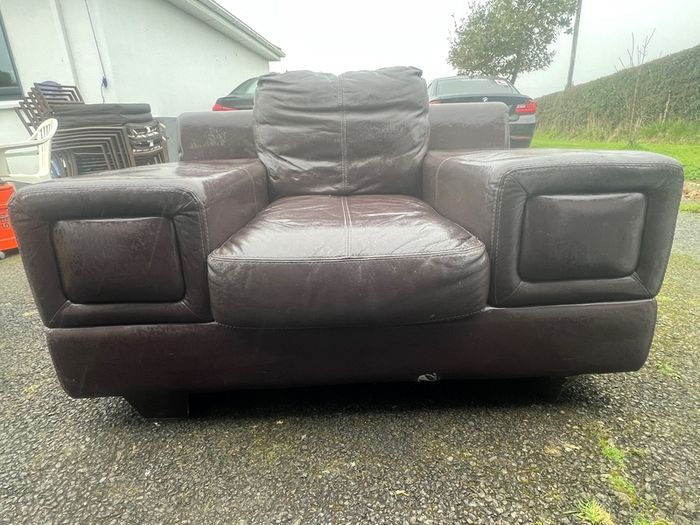 Brown leather sofa & armchair