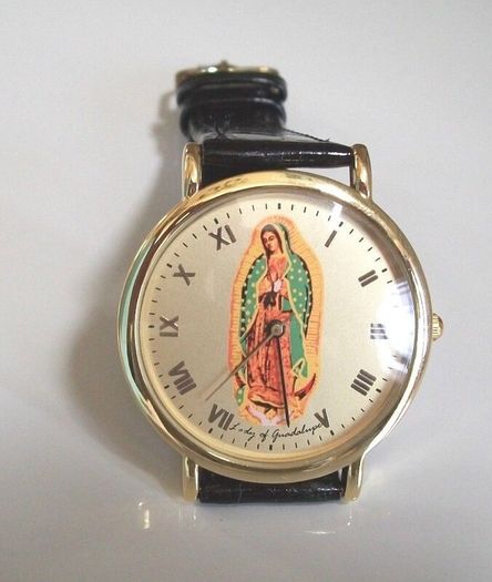 Lady of Guadalupe watch with black leather strap