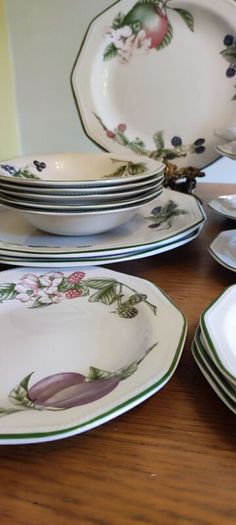 Set 20 pcs  by Churchill England, featuring a charming fruit and blossom design with a classic green rim. Beautifully made English pottery with lovely detail and quality.