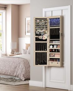 Jewellery cabinet  Hanging Jewellery Cabinet Wall Mirror 6 LED Bulbs Lockable Mirror Cabinet Wall Mounted Door Hanging Oak