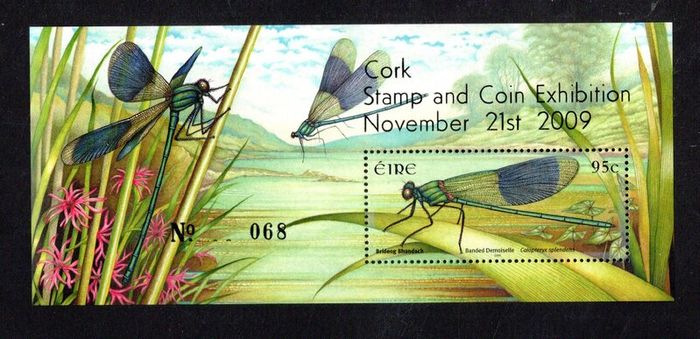 2009 Ireland Cork Stamp and Coin Exhibition 21st November 2009 Exhibition Miniature Sheet on Fauna and Flora Dragonflies Banded Demoiselle Commemorative Stamp Miniature Sheet Mint Never Hinged (MNH) No 68