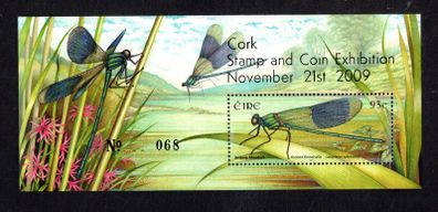2009 Ireland Cork Stamp and Coin Exhibition 21st November 2009 Exhibition Miniature Sheet on Fauna and Flora Dragonflies Banded Demoiselle Commemorative Stamp Miniature Sheet Mint Never Hinged (MNH) No 68