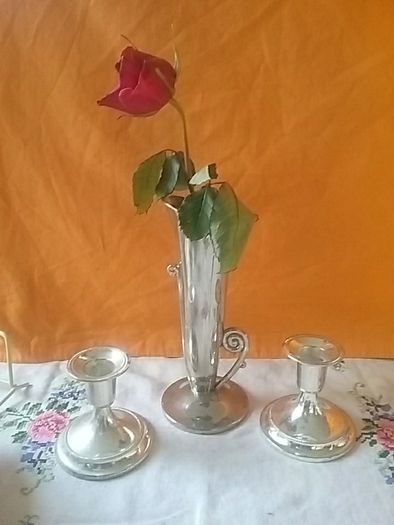 EPNS Bud Vase + Two Candle Holders