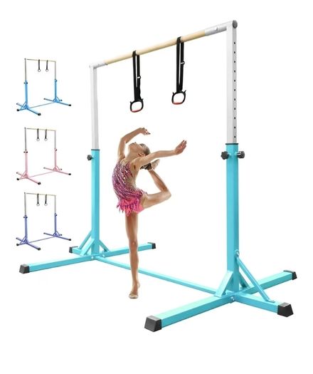 Gymnastics Bar Horizontal Bar with Gymnastic Rings for Kid 13 Height Adjustable, Junior Training Kip Bar Gymnastics Training Equipment for Home Gym Indoor Garden Outdoor