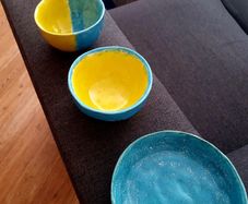 Handmade Studio Pottery Bowl & Dish Set - Turquoise & Yellow