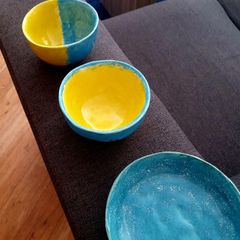 Handmade Studio Pottery Bowl & Dish Set - Turquoise & Yellow