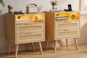 Bedside Rattan Tables Set of 2, Nightstand with Charging Station and LED Lights