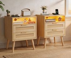 Bedside Rattan Tables Set of 2, Nightstand with Charging Station and LED Lights