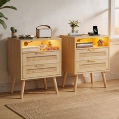 Bedside Rattan Tables Set of 2, Nightstand with Charging Station and LED Lights