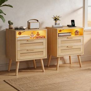 Bedside Rattan Tables Set of 2, Nightstand with Charging Station and LED Lights