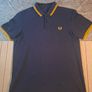 Fred Perry Navy Blue Polo Shirt Yellow Gold Twin Tip Laurel Size L Image 2