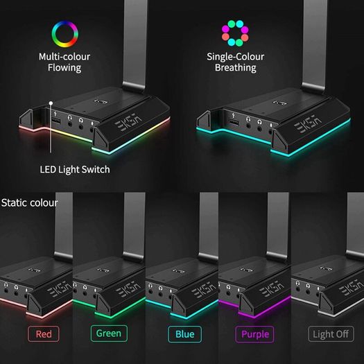 W1 RGB Headphones Stand Gaming Headset Stand with 7.1 Surround Sound, Desktop Headphone Holder with 3.5mm Aux and 2 USB Ports, Aluminum PC Gamer Headset Accessories