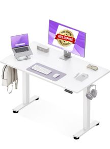 Electric Standing Desk, 120x60cm Height Adjustable Desk with 2 Memory Presets, Quiet Sit Stand Desk for Home Office Bedroom Living Room, Ergonomic Computer Desk with Hooks & Cable Holes, White