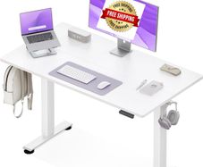 Electric Standing Desk, 120x60cm Height Adjustable Desk with 2 Memory Presets, Quiet Sit Stand Desk for Home Office Bedroom Living Room, Ergonomic Computer Desk with Hooks & Cable Holes, White