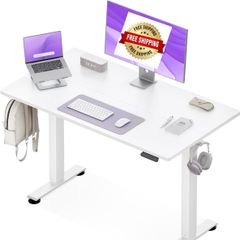 Electric Standing Desk, 120x60cm Height Adjustable Desk with 2 Memory Presets, Quiet Sit Stand Desk for Home Office Bedroom Living Room, Ergonomic Computer Desk with Hooks & Cable Holes, White