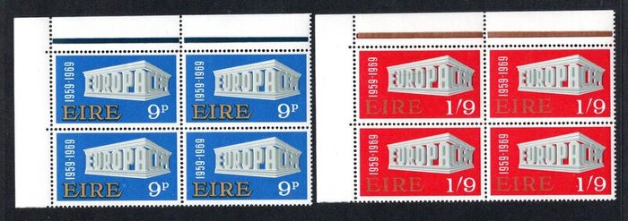 1969 Ireland Europa (CEPT) Commemorative Stamps Marginal Corner Block of Four (4) Mint Never Hinged (MNH)