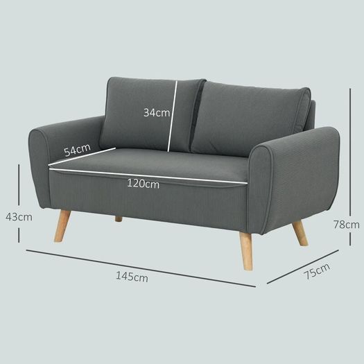 Two-Seater Sofa, Fabric Couch, 2 Back Cushions, Cord Cover, 145 x 75 x 78 cm, Anthracite