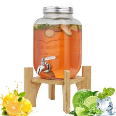 Brand New 4L Glass Drinks Dispenser with Faucet, Water Dispenser with Bamboo Stand,
