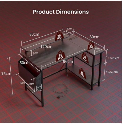 L Shaped Gaming Desk with LED Lights & Power Outlets, 120x80cm Corner Computer Table with Storage Bag & Adjustable Shelves & Large Monitor Stand, Home Office Study Workstation, Carbon Black
