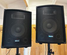 Full PA Sound System 2 Speakers Stands + Dual Wireless Mics