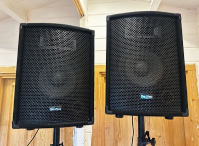 Full PA Sound System 2 Speakers Stands + Dual Wireless Mics