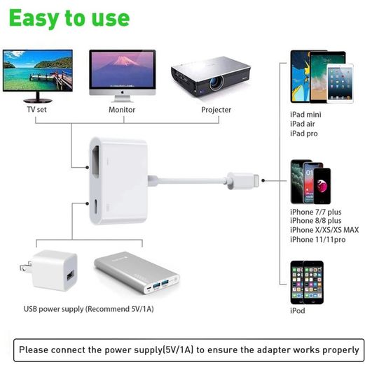 HDMI Adapter for iPhone, 1080P Digital AV Adapter for iPhone, Video & Audio Sync Screen TV Cable HDMI Connector to TV/HDTV/Monitor/Projector Compatible with All iOS-White (Power Supply Needed)
