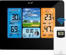 Weather Stations Wireless Indoor Outdoor with Alert and Temperature/Humidity/Barometric/Forecast/Moon Phase/Alarm Clock, LCD Digital Weather Station with Outdoor Sensor for Home Office (Black)