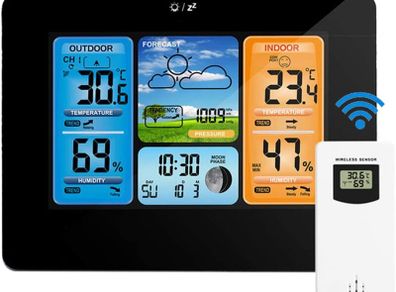 Weather Stations Wireless Indoor Outdoor with Alert and Temperature/Humidity/Barometric/Forecast/Moon Phase/Alarm Clock, LCD Digital Weather Station with Outdoor Sensor for Home Office (Black)