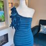 Pink Boom Paris Teal One-shoulder Dress with a Draped Flower Detail Image 6