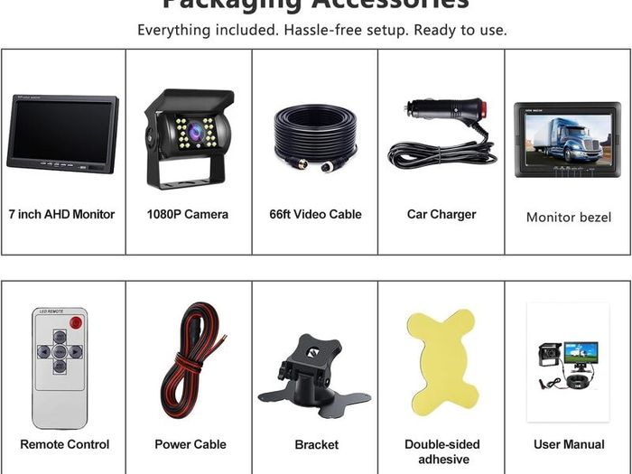 1080P Reversing Camera Kit with 7-Inch HD Monitor, IP68 Waterproof Night Vision Camera, Parking Sensors & 15m Cable for Van, Truck, RV, Bus and Trailer