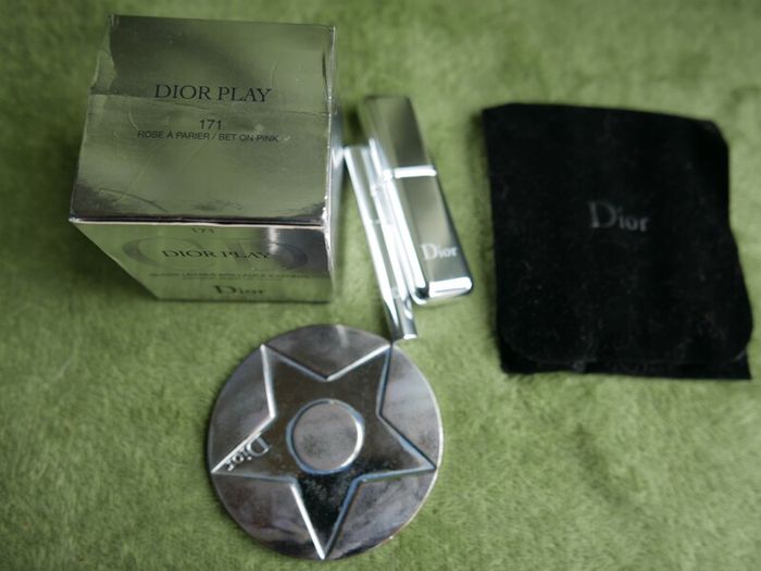 Christian Dior Play Swarovski Diamond Cube Lip Gloss Charm and CHRISTIAN DIOR Lucky Star makeup hand mirror compact brush