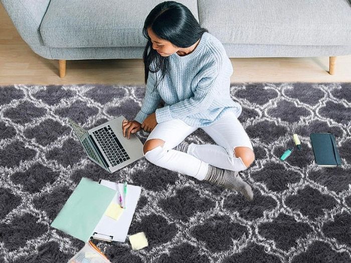 Luxury Velvet Shag Area Rug Modern Indoor Plush Fluffy Rugs, Extra Soft and Comfy Carpet, Geometric Moroccan Rugs for Bedroom Living Room Girls Kids Nursery, 5x8 Feet Dark Grey/White MULTIPLE COLOURS AVAILABLE (FREE POSTAGE)