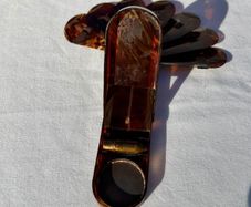 Rare 1920s Flapper Fan Compact - Tortoiseshell Celluloid Purse Clip with Lipstick & Powder Mirror - Art Deco Vanity