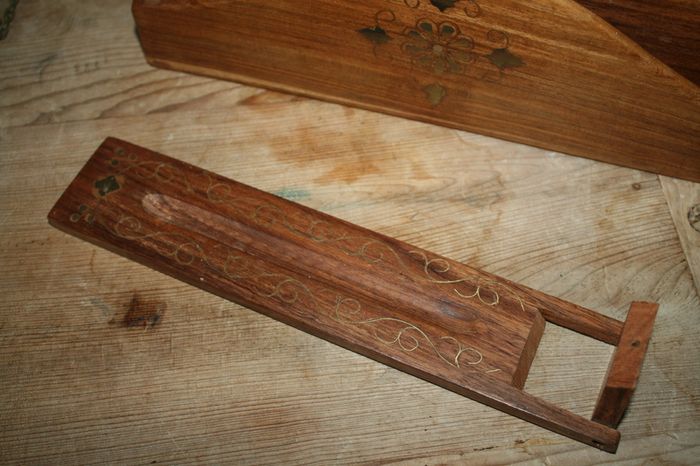 Vintage Letter Holder Handmade Wooden Paper Rack with Moorish Brass Inlays Office Desk Organiser 12" x 4" H-7"