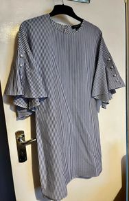 Pinstripe dress with bell sleeves and pearl buttons UK10