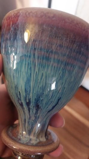 Wonderful Pair of Studio Art Pottery Goblets by Martin Branch Lyre Pottery, Cloncorban, Rossmore, Clonakilty, West Cork in a Fabulous Colourful Variegated Glaze. Pair One